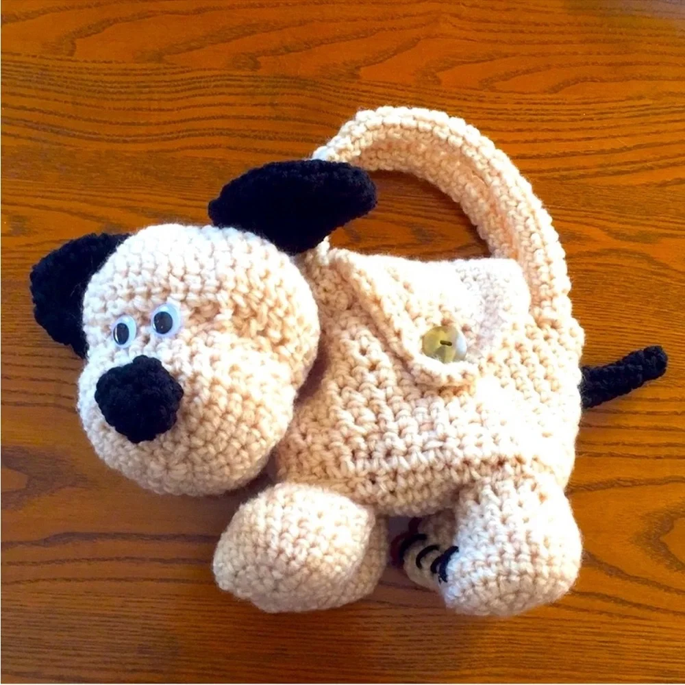 Hand Crafted Crochet Beige and Black Puppy Dog Purse Children’s Carry Toy